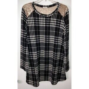 Women’s 12 PM By Mon Ami Size L Long Sleeve Tunic/ T-shirt Plaid Sequins Fashion